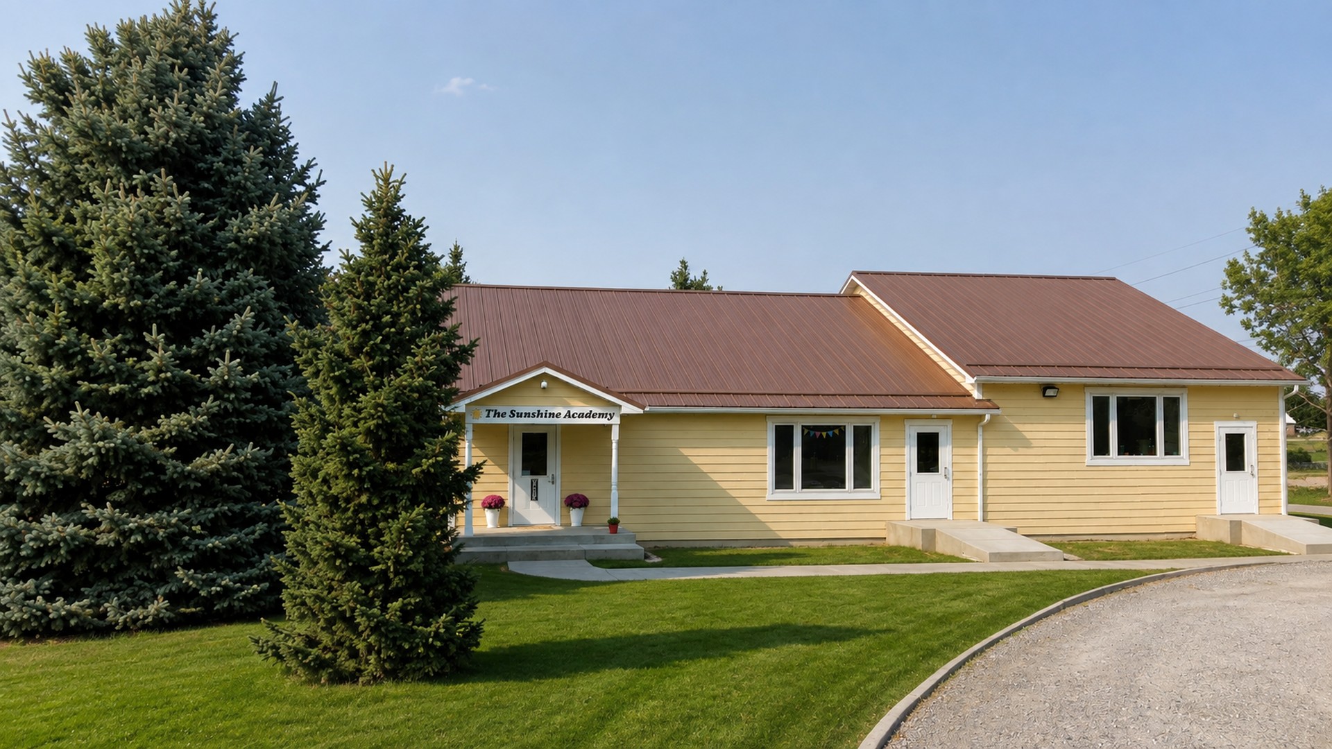 The Sunshine Academy Ramshorn daycare campus in Laurel, a yellow building with a covered entry and evergreens out front